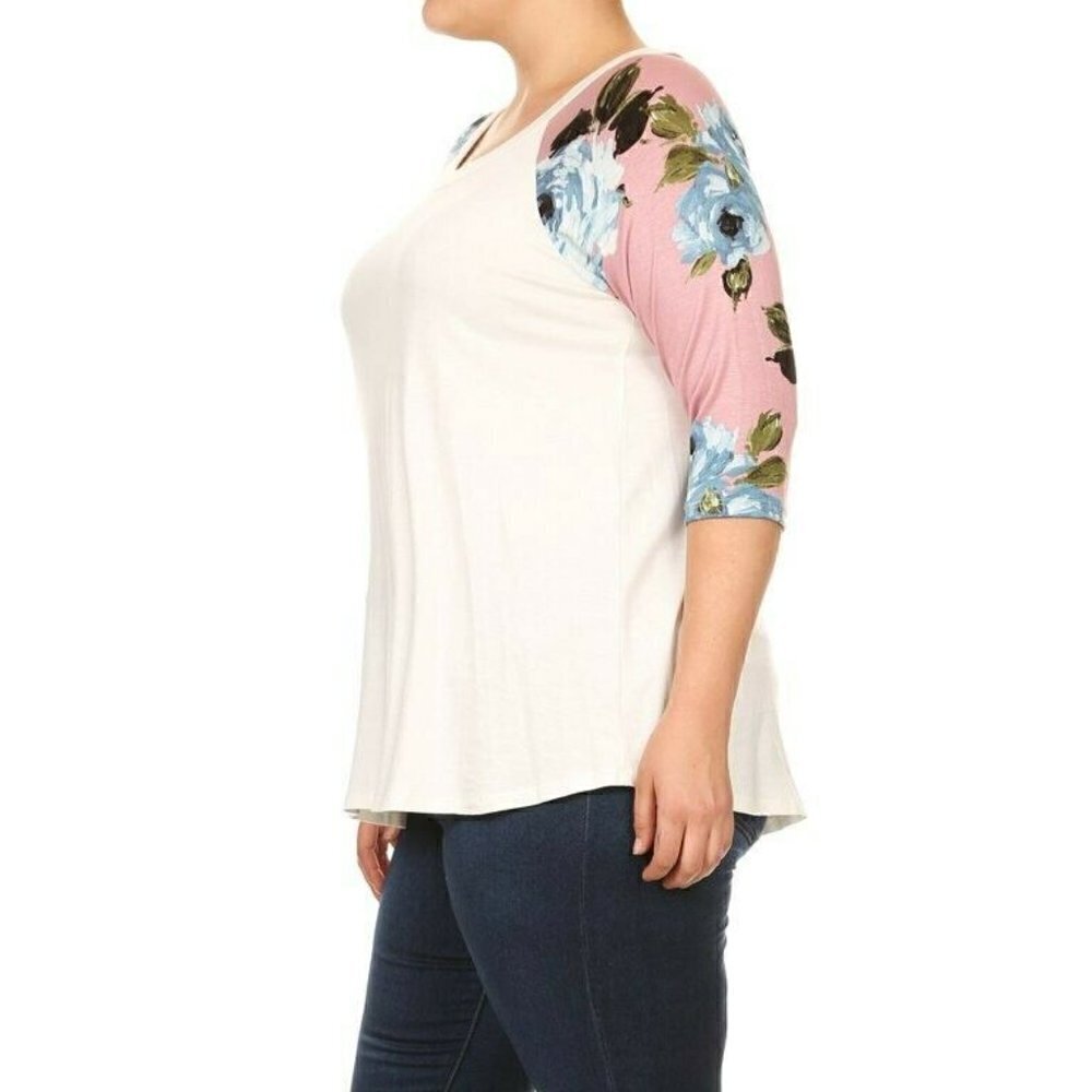 Y2K Raglan Floral T-Shirt Top X-LARGE 3/4 sleeve pink white MOA USA NEW